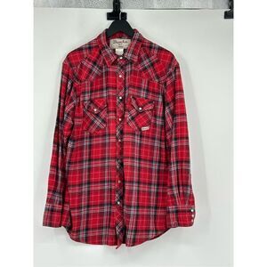 Wrangler men's size XLT pearl snaps western flannel LS shirt red plaid Wrancher